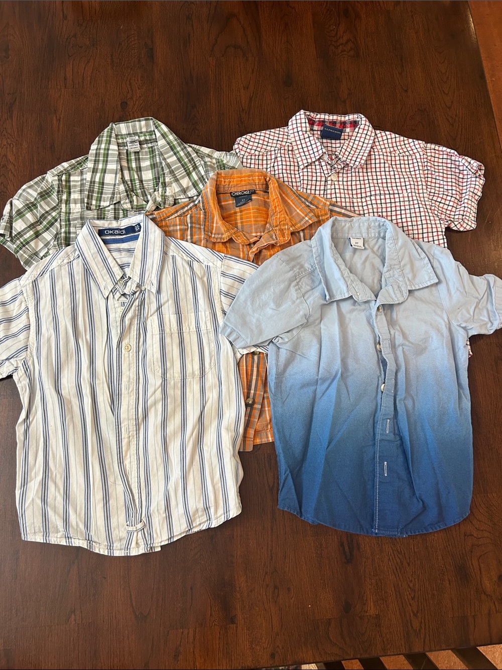 Five Casual Boys' Button-Up Shirts - Blue Gradient, Stripes, Plaids, Orange 3T